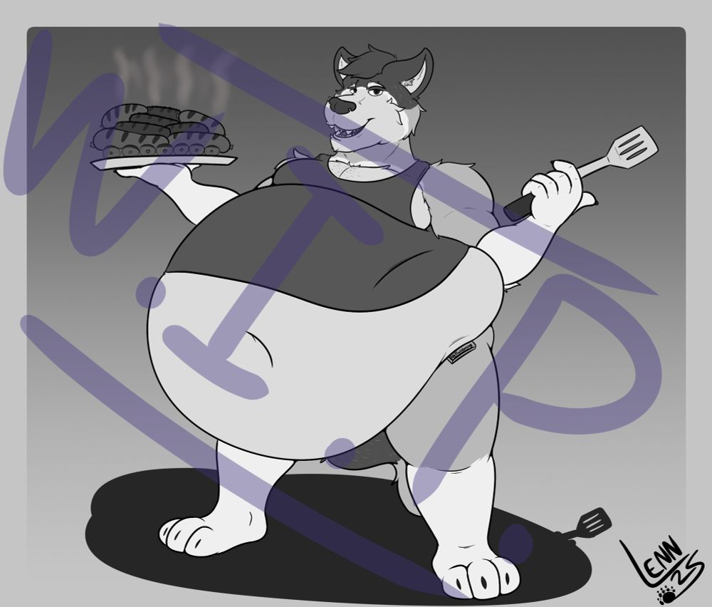 Bandit Heeler drawn with a large belly, holding a tray of cooked meats in one hand and a spatula in the other! He also has a pack of gum under his love handle! 