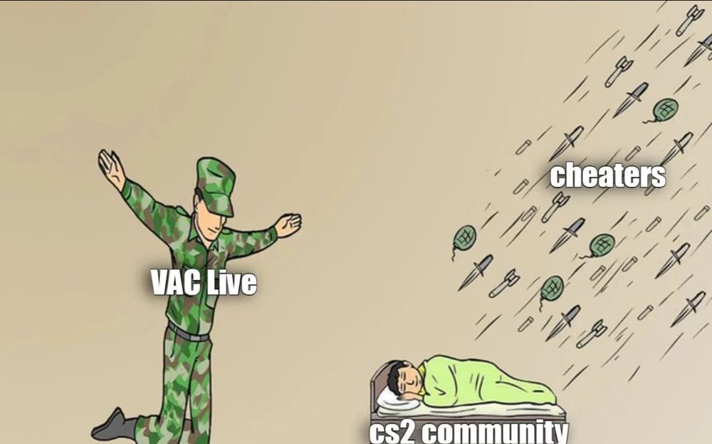 Silent Protector meme format. Shows a soldier using their body to shield a sleeping child from bombs, but the bombs are coming from the other direction, and the soldier isn't blocking anything. The soldier is labeled "VAC Live," the child is labeled "cs2 community," and the bombs are labeled "cheaters"

Got this from some random website