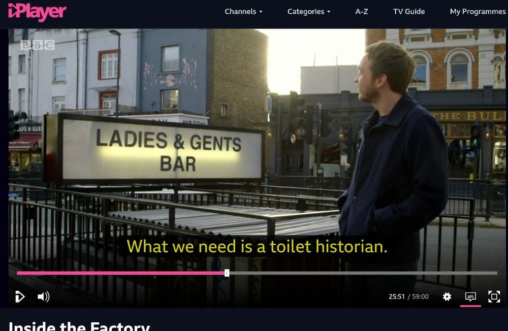 Me on the TV show Inside The Factory, hovering outside a converted public toilet. The subtitle reads: What we need is a toilet historian.   