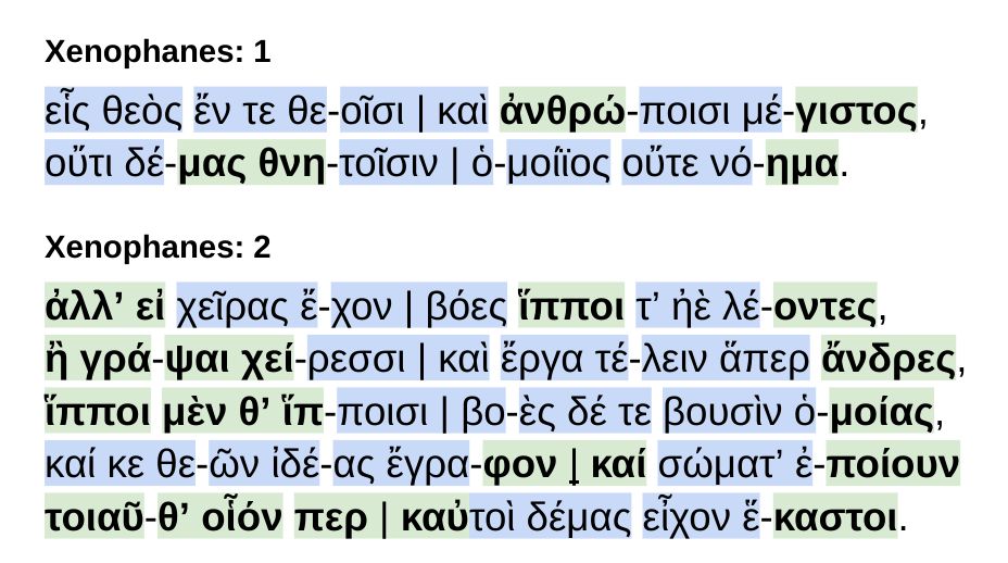 screenshot of Greek poetry with dactyls marked in blue highlight color and spondees in green 