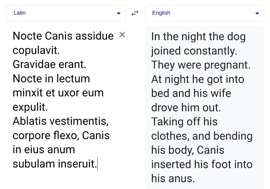screenshot of Google Translate, Latin on left, English on right