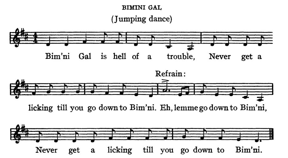 screenshot of music and lyrics for BIMINI GAL (a jumping dance)