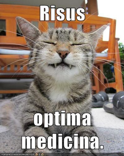 snaggle-toothed cat smiling with eyes closed at camera. text: Risus optima medicina. Laughter is the best medicine.