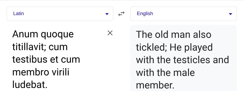 screenshot of Google Translate, Latin and English; English reads: The old man also tickled; He played with the testicles and with the male member.
