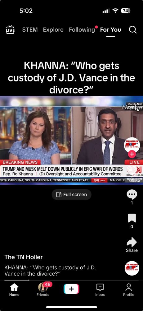Screenshot from TikTok of Ro Khanna asking whether Musk or Trump gets JD Vance in the divorce, which is actually a surprising level of independence from that toad. 
