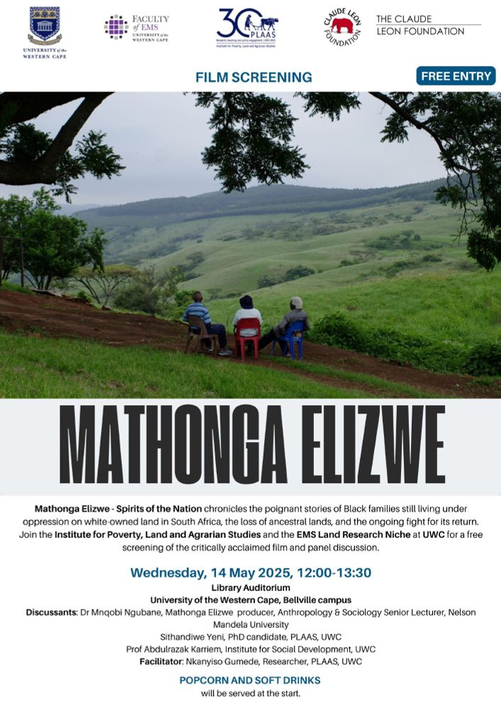 A poster for a free screening of Mathonga Elizwe, followed by a panel discussion, at the University of the Western Cape on 14 May 2024 from 12:00-13:30.