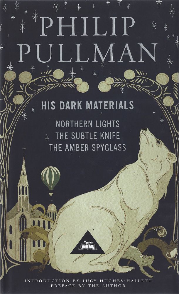Book cover with dark grey background with a white bear, golden monkey, and two smaller animals in the foreground. There is also a simple white church building and a hot air balloon floating just above it. The cover is for the book trilogy "His Dark Materials" by Philip Pullman which is made up of "Northern Lights" ("The Golden Compass"), "The Subtle Knife", and "The Amber Spyglass."
