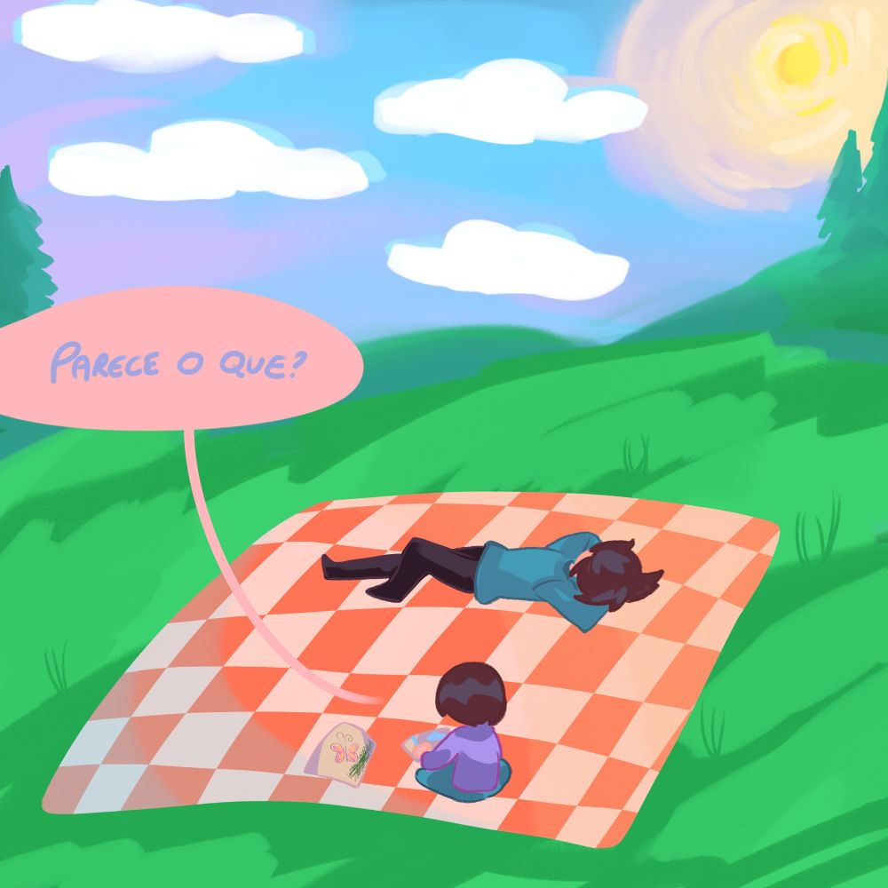 Pessoa que desenhava na primeira imagem, pergunta: "parece o que?"