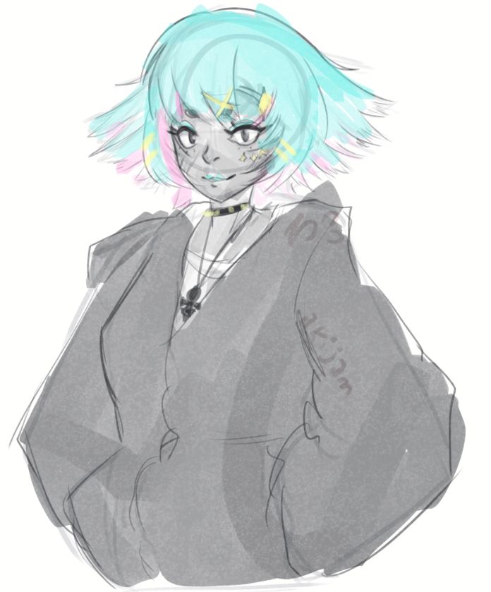 A girl with this like, VERY heavily feminine haircut and makeup that has like, big exaggerated manic pixie dream girl vibes, like short spiky layered hair with many hairpins and hair that's cyan-teal on the outside and bright pink on the underside, whole bunch of colourful makeup and even like stickers on her face. She's also wearing a spiked choker, an amulet of a stylised ankh symbol, a white t-shirt and a big, black hoodie.