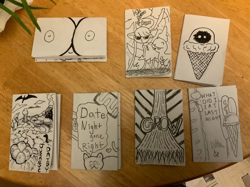 Zine lil black and white zines on TBD table. Food, boobs, dinos, and more in the covers!