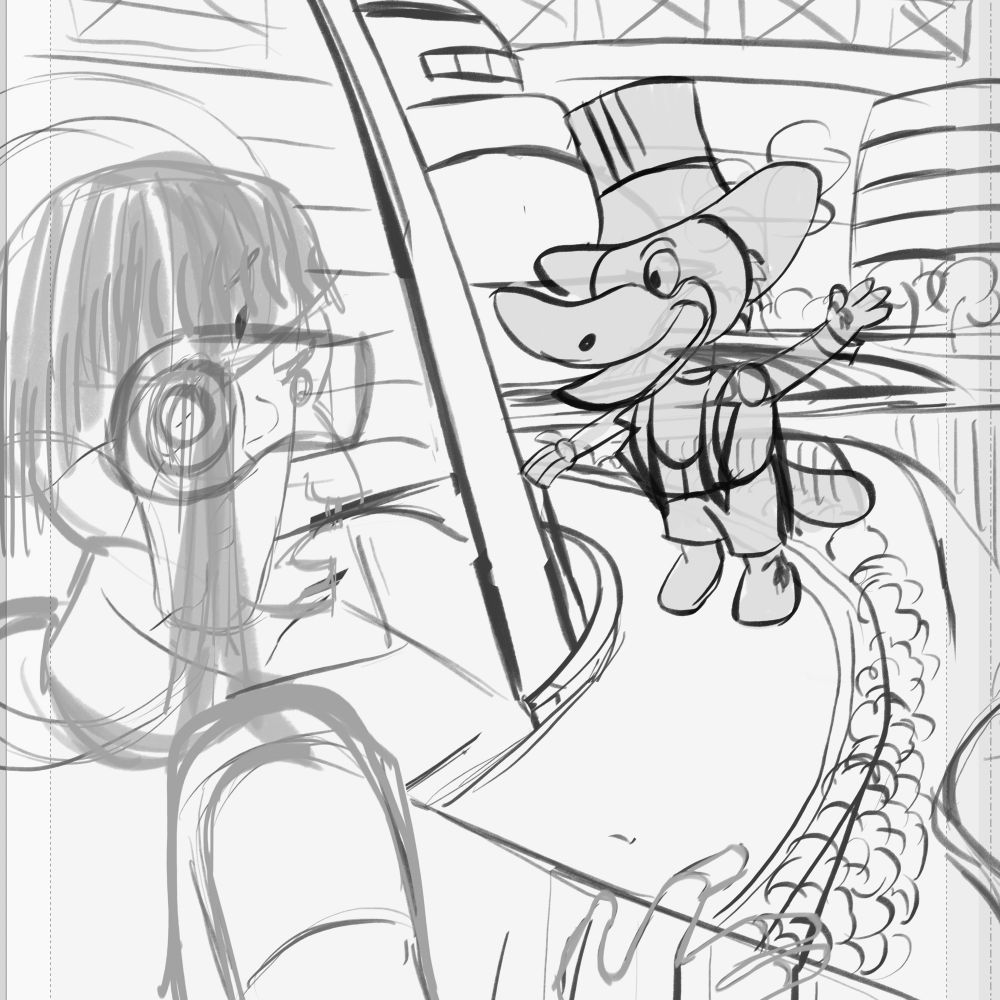 This piece is set in a futuristic city, where a quirky platypus in a top hat navigating a character in an unexpected new world. 