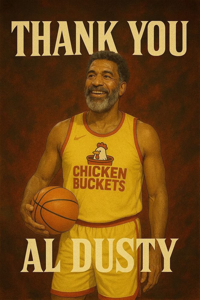 Retirement photo of Chicken Bucket legendary point guard Al Dusty