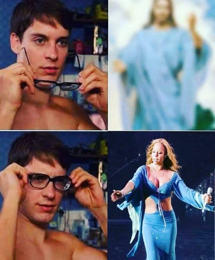 A meme of a blurry Jesus and then you put glasses on and it’s Mariah Carey