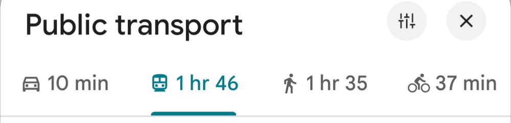 Drive: 10 minutes
Bus: 1 hour and 46 minutes
Walk: 1 hour and 35 minutes
Bicycle: 37 minutes