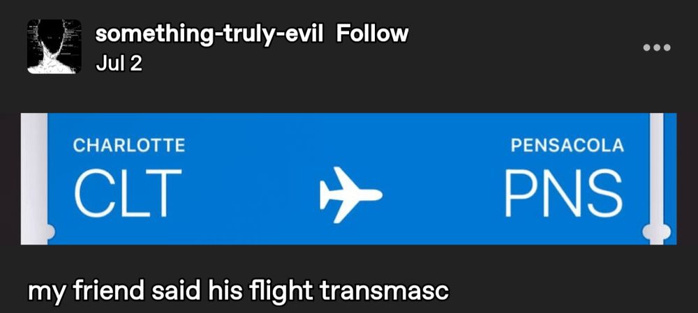 screenshot of a tumblr post by something-truly-evil "my friend said his flight transmasc" shown above is a screenshot of a flight ticket from CHARLOTTE (CLT) to PENSACOLA (PNS)