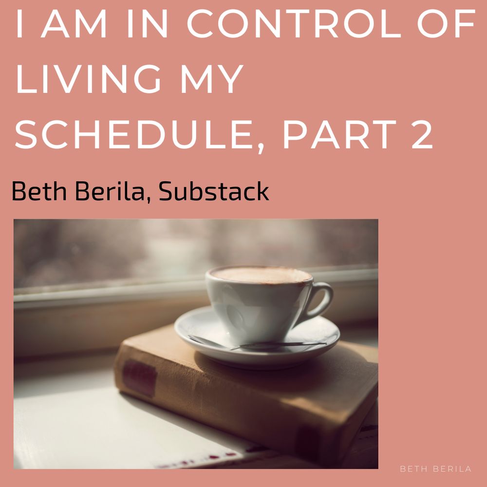 salmon background, black and white text. A cup of coffee on a book in a windowsill.