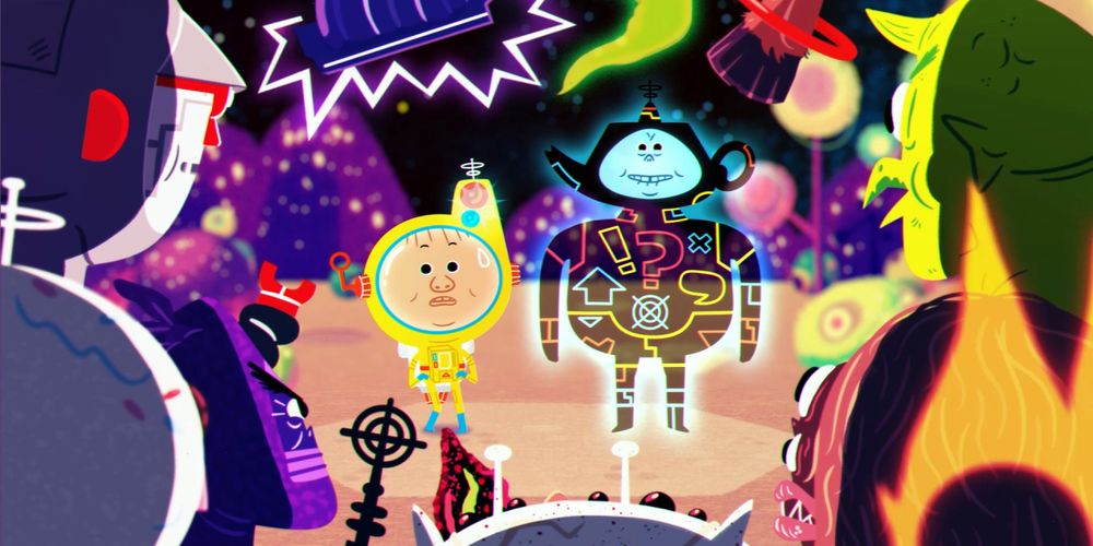 A still from a cinematic in the game Loot Rascals, showing the protagonist next to a friendly hologram cowering from a group enemies in the foreground 