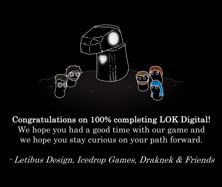 An image showing the 100% completion screen for LOK Digital