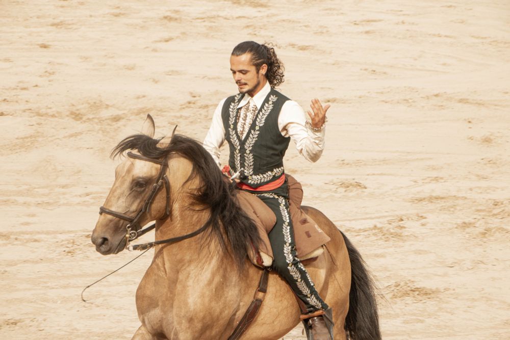 Un portrait d'un cavalier en tenue mexicaine sur un cheval dont la crinière est en mouvement. En fond, le sable.