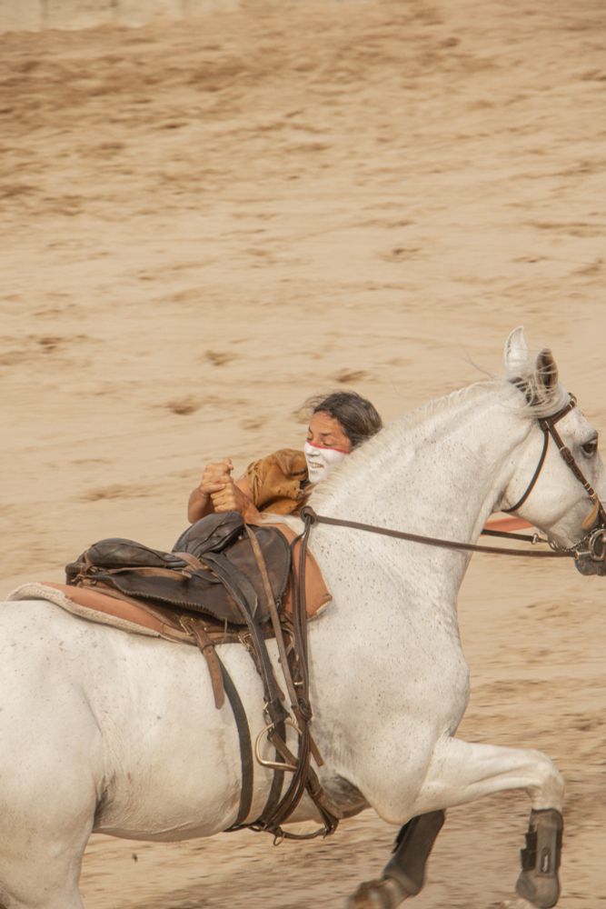Portrait d'une cavalière cascadeuse en pleine figure sur son cheval blanc lancé au galop. On ne voit que son visage et ses mains cramponnées à la selle, son corps est parallèle à celui du cheval. Derrière, le sable.