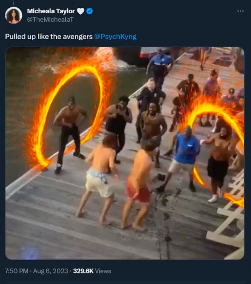 Image of a tweet by @TheMichealaT reads: 

“Pulled up like the avengers @PsychKyng.” 

Image shows a dockside scene from the August 5, 2023 Montgomery, Alabama brawl. Several shirtless people are running forward as if to join the fight. Two glowing orange magical portals—added to the image—appear behind them, mimicking the style of Doctor Strange’s portals from the Marvel films.