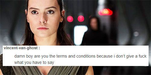 Picture of Rey from The Last Jedi. Overlaid on top is a tumblr post that says "damn boy are you the terms and conditions because I don't give a fuck what you have to say"