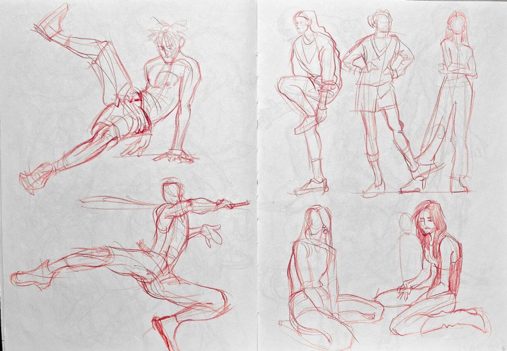 Sketchbook spread drawn with red pencil, gesture drawings of people 
