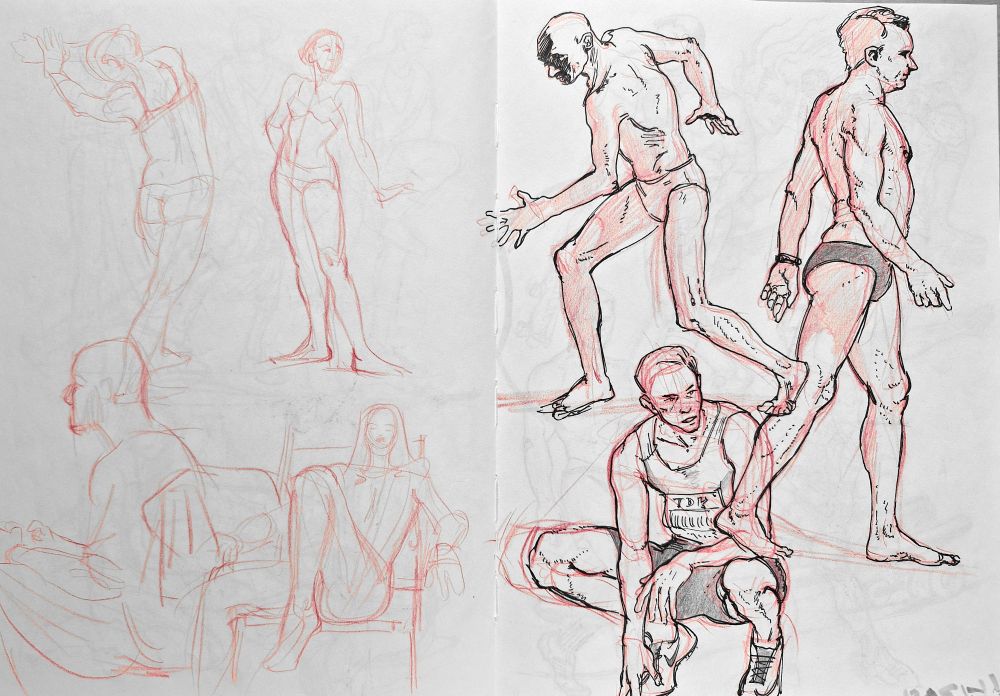 Sketchbook spread. Ink and red pencil