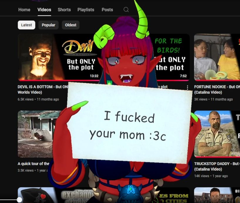 red oni holding sign that says i fucked your mother with they cat face emote