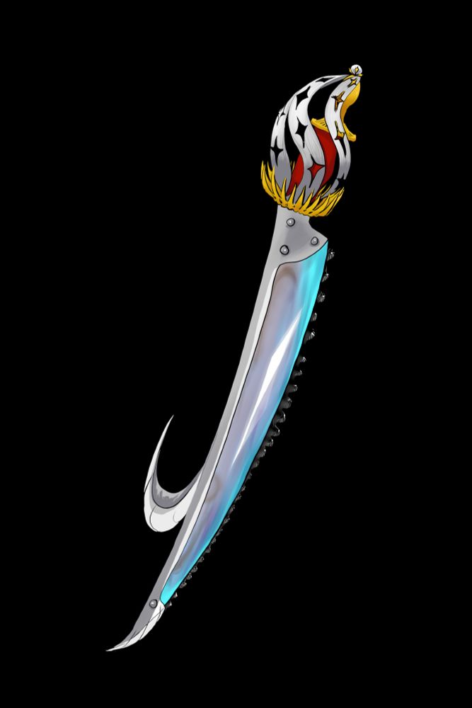 It's a sword where majority of the blade is a giant mussel shell, reinforced with steel and obsidian teeth outfitted on the edge. The blade might be used for a giant fishing lure in times of need. Though adorned with gold, silver, and a pearl on the hilt, you might not want to fish with it.