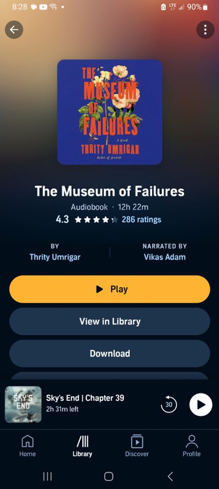 screenshot of an audible book by thrity umrigar and read by vikas adam, the museum of failures