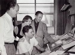Photo of John Hench, Mary Blair, Walt Disney, and Claude Coats