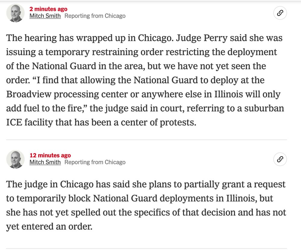The text is from the NYTimes live updates of Judge Perry issueing her statement along with a temporary restraining order against the National Guard deployment in Illinois