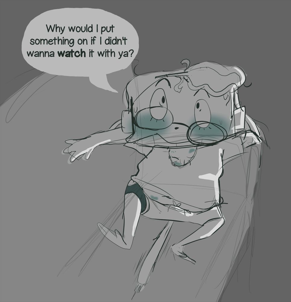 Ban leans against the arm of his sofa, surprised. Bold moves were made on him in the middle of watching a movie, indicated by various marks under his shirt. While he's welcome to the attention, he didn't expect anything to be happening right then and there.

Text: Why would I put something on if I didn't wanna WATCH it with ya?