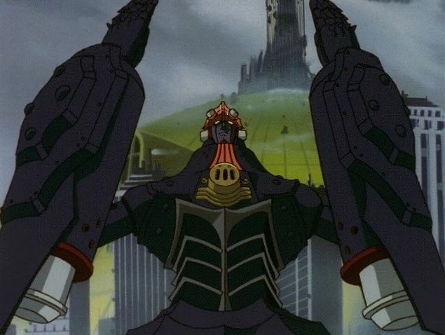 The titular Big O mech from Big O, holding his arms up in a 'come at me bro' gesture, pile bunkers at ready. You can almost see the noir/art deco city behind it.
