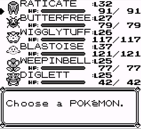 Screenshot of a pokemon party, showing raticate, butterfree, wigglytuff, blastoise, weepinbell, and diglett