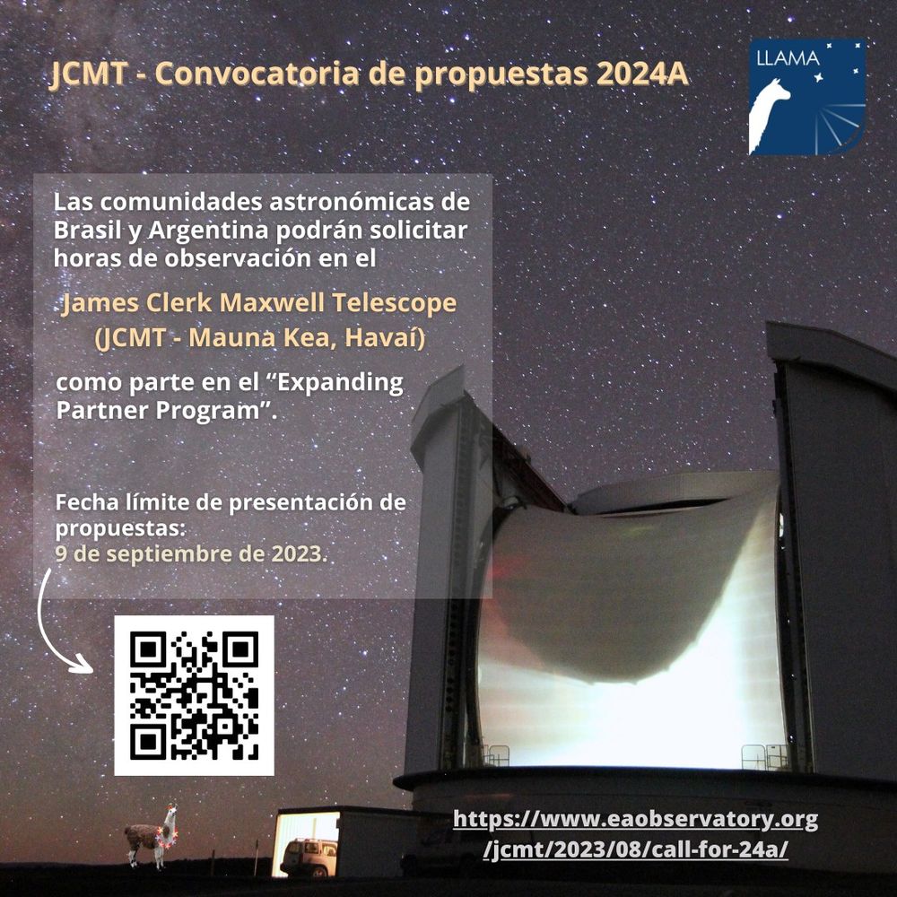Las comunidades astronómicas de Brasil y Argentina podrán solicitar horas de observación en el James Clerk Maxwell Telescope (JCMT - Mauna Kea, Havaí) como parte en el “Expanding Partner Program”. Fecha límite de presentación de propuestas: 
9 de septiembre de 2023.

https://www.eaobservatory.org/jcmt/2023/08/call-for-24a/

Al fondo, el radiotelescopio JCMT de noche.