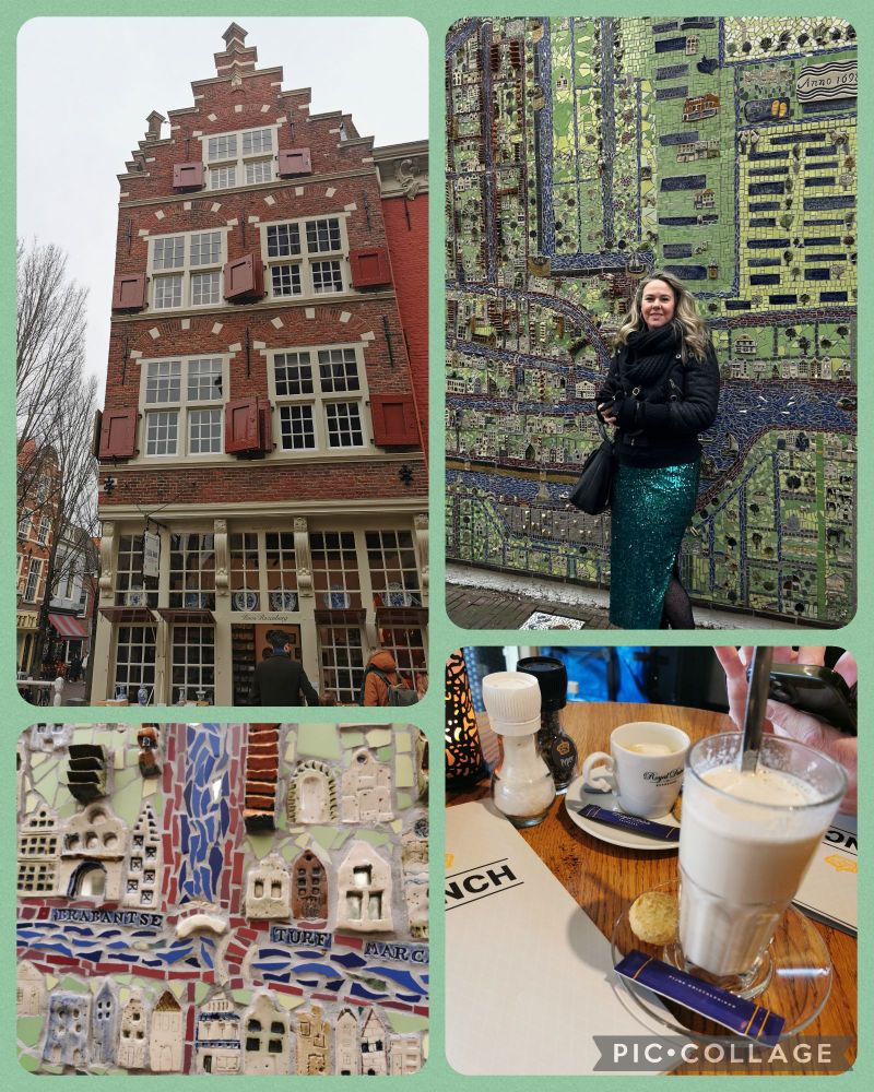 Collage met foto's van een trapgevelpandje, ik voor een muurmozaiek, een detail van het mozaïek en een tafel met warm drinken. 