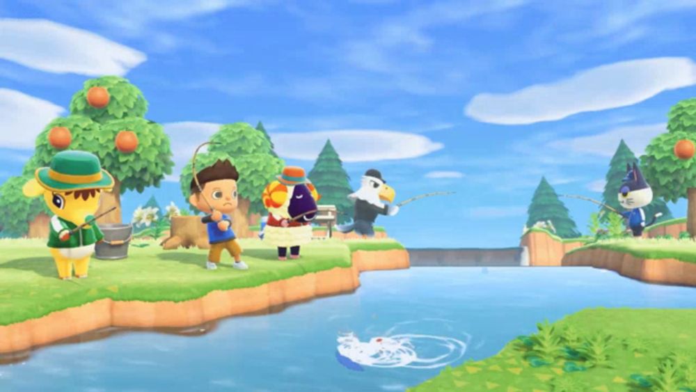 a group of cartoon characters are fishing in a game called animal crossing new horizons