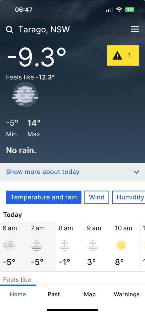 Screenshot of Weather App showing it was -9.3 degrees in Tarago at 7:47am today