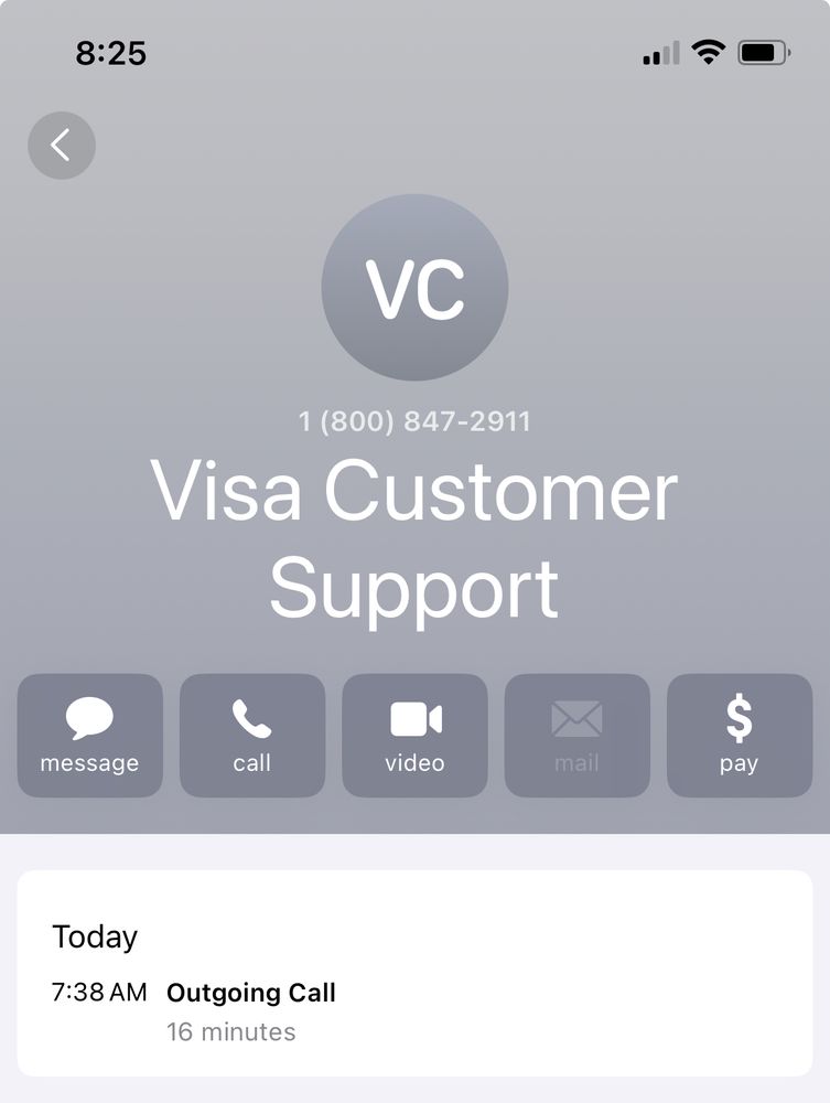 A call log showing a 16 minute outbound call to Visa Customer Support at 1(800) 847-2911