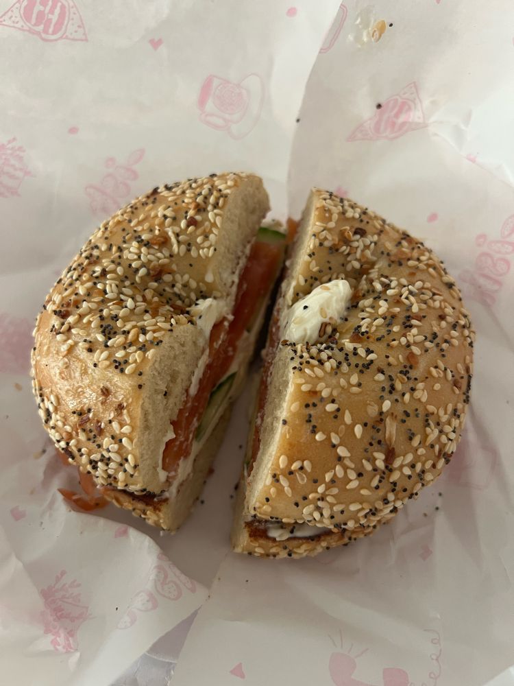 everything bagel with cream cheese, lox, and cucumber 
