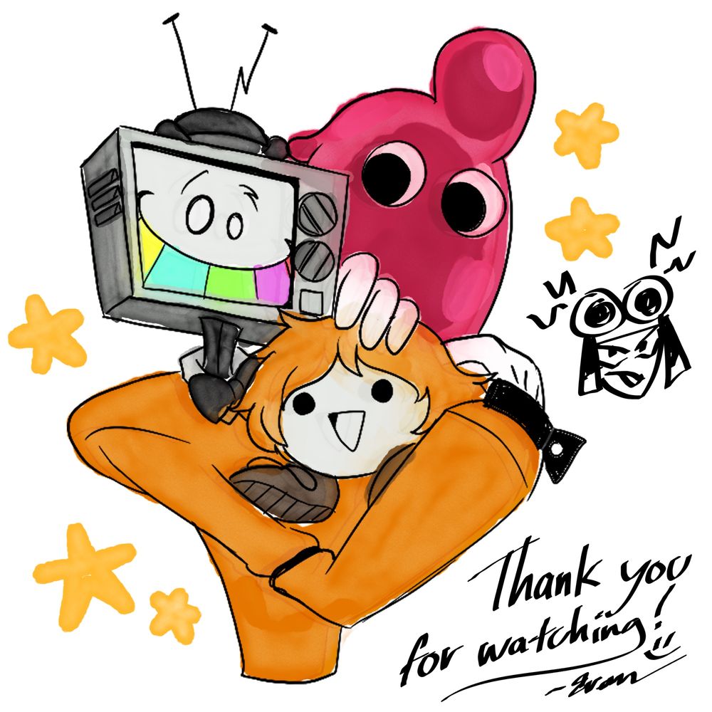 A digital illustration of Mr. Puzzles, a TV-headed figure from SMG4 holding Leggy 2.0, a rock wearing an orange wig and brown shoes. 

On his shoulder sits a pink blob of slime, named Toomp. Five stars surround Mr. Puzzles. Thank you for watching is written in the bottom right corner alongside a doodle of Mr. WPNZ.