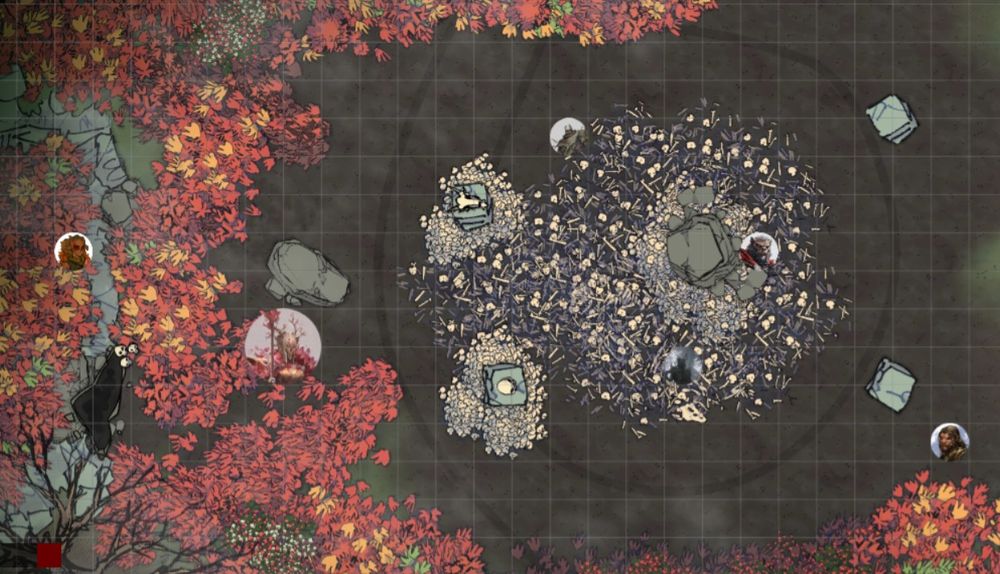 Virtual Tabletop Battlemap for Dungeons and Dragons, through Roll20. The map shows a cave lair entrance, covered in red leafed undergrowth. Atop the cave is a dryad figure, and it front of it, a larger more imposing one wielding a magical spear.

In front of them rise standing stones, surrounded with piles of bones in a muddy pit. Its here at four heroes fight each other, a Bugbear, Goliath, Dryad and Shifter (Wolfman).