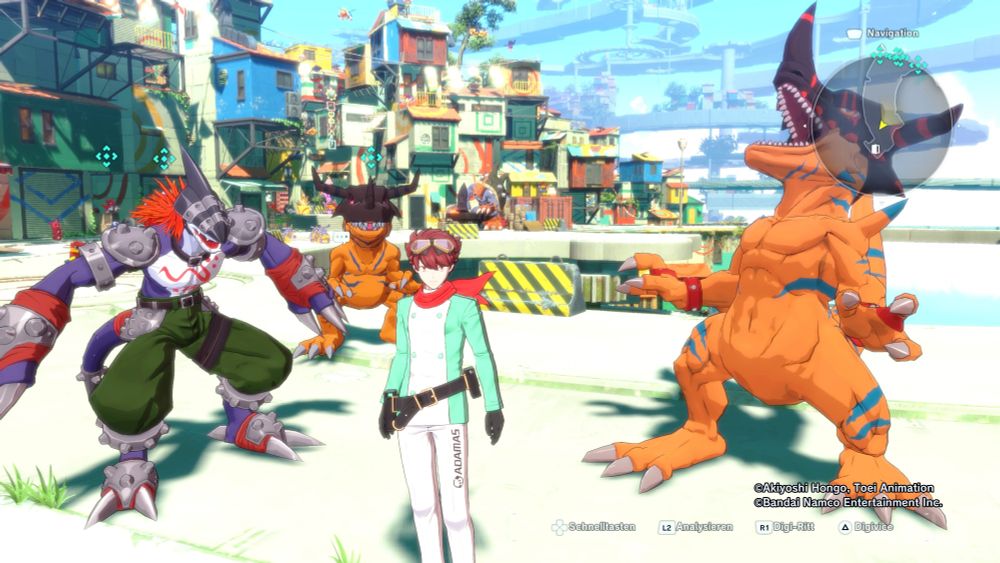 Screenshot aus dem Spiel Digimon Story Time Stranger. Zu sehen die Spielfigur und drei Digimon. Greymon, Geogreymon und Strikedramon.