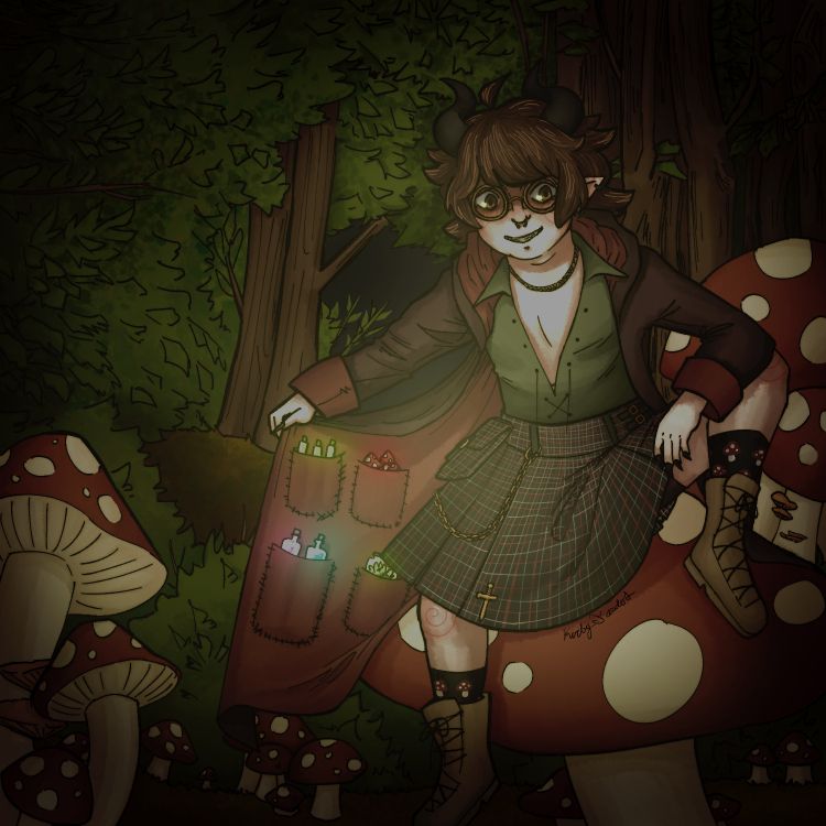 Digital art of a pale-skinned nonbinary person with short, wavy brown hair, pointed ears, and black curving horns. They're wearing round glasses, a green shirt that's open in front, and a black kilt with pockets, with brown boots and black socks with mushrooms on them. They wear a big, dark red coat with pockets on the inside, and they're holding it out to reveal several potions in the pockets. They're smiling and sitting on a giant red mushroom in a dark forest, surrounded by several other giant mushrooms.