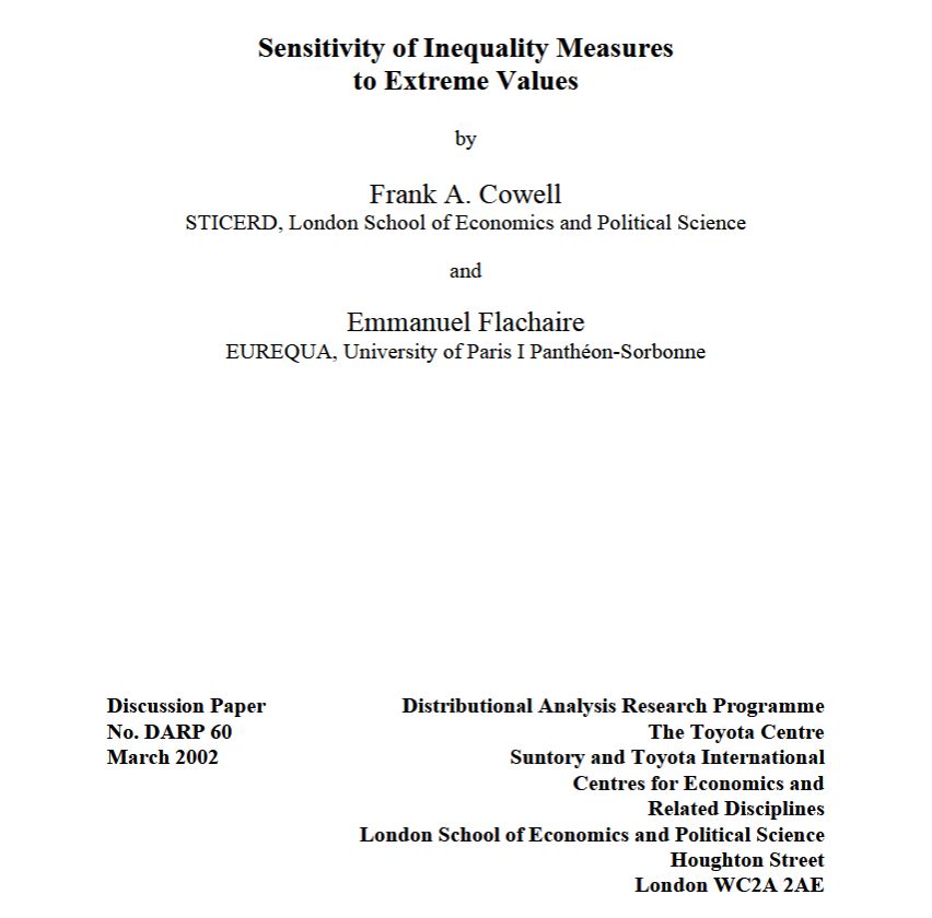 Sensitivity of Inequality Measures
to Extreme Values
by
Frank A. Cowell
STICERD, London School of Economics and Political Science
and
Emmanuel Flachaire
EUREQUA, University of Paris I Panthéon-Sorbonne
Discussion Paper Distributional Analysis Research Programme
No. DARP 60 The Toyota Centre
March 2002 Suntory and Toyota International
Centres for Economics and
Related Disciplines
London School of Economics and Political Science
Houghton Street
London WC2A 2AE
