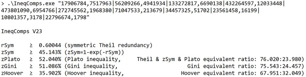 > .\IneqComps.exe "17906784,7517963|56209266,4941934|133272817,6690138|432264597,12033448| 473801090,6954766|272745562,1968380|71047533,213679|34457325,51702|23561458,16199|10801357,3178|22796674,1798"

IneqComps V23

rSym     ≥  0.60044 (symmetric Theil redundancy)
zSym     ≥  45.143% (zSym=1-exp(-rSym))
zPlato   ≥  52.040% (Plato inequality,     Theil & zSym & Plato equivalent ratio: 76.020:23.980)
zGini    ≥  51.086% (Gini inequality,                      Gini equivalent ratio: 75.543:24.457)
zHoover  ≥  35.902% (Hoover inequality,                  Hoover equivalent ratio: 67.951:32.049)