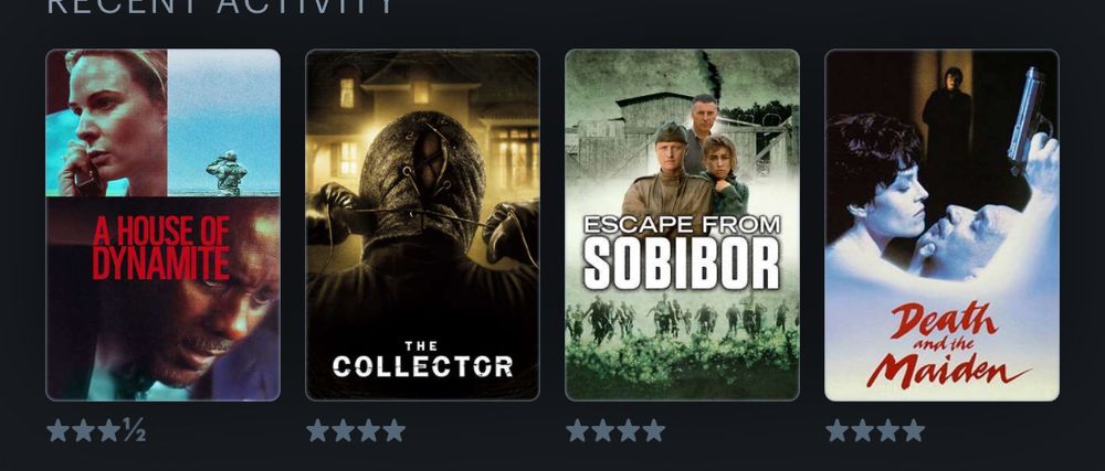 Film posters for A House of Dynamite, The Collector, Escape From Sonibir and Death and the Maiden. 