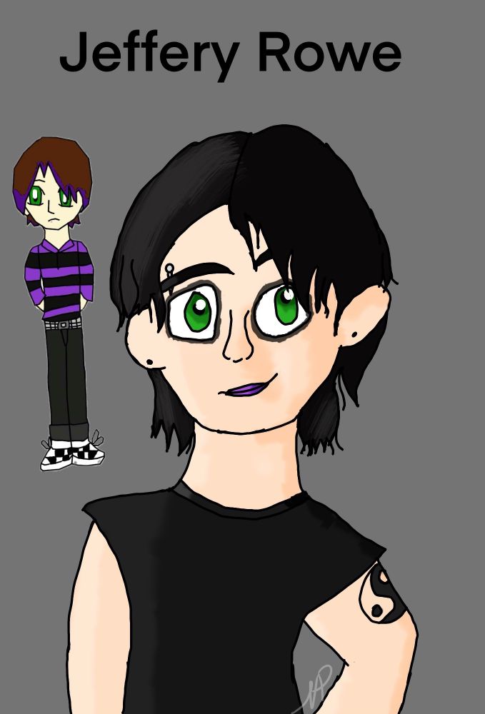 A finished colored version of Jeffery Rowe next to his old design. His hair has been changed to black and now has a yin-yang tattoo, purple lipstick/black eye circle makeup, and a silver brow piercing. Jeffery now has a smile on his face.